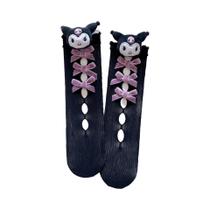 Meias De Renda Vazadas Com Laço Kuromi E Cinnamoroll Da Sanrio Para Meninas, Meias Altas Com Saia De
