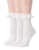 Meias de tornozelo SRYL femininas de renda com babados e algodão, 3 pares, brancas Meias de tornozelo SRYL femininas de renda com babados e algodão, 3 pares, brancas