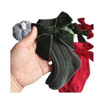 Meias de Tubo Médio com Gravata Borboleta Vermelha para Meninas - Algodão Antiderrapante