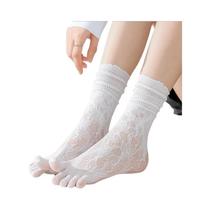 Meias De Verão Femininas Com Renda, 3 Pares, Meias De Algodão De Cinco Dedos Com Tubo Alto E