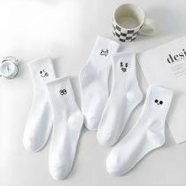 Meias Esportivas Kawaii para Mulher - 5 Pares com Padrão Bordado Branco