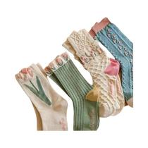 Meias Femininas Coloridas com Nervuras Elásticas - 5 Pares de Meias Curtas Respiráveis