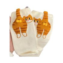 Meias Femininas Coreanas De Cano Médio Com Estampa De Gato E Bolinhas 3D Estilo Moderno Para
