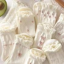 Meias Femininas de Algodão - Cano Médio com Laço e Flor - 5 Pares