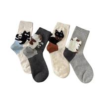 Meias Femininas De Comprimento Médio Com Estampa De Gato De Desenho Animado, 4 Pares, Confortáveis, Meias Femininas De Comprimento Médio Com Estampa De Gato De Desenho Animado, 4 Pares, Confortáveis,