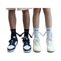 Meias Femininas Engraçadas Da Moda, 2 Pares De Mãos De Atração Magnética, Preto E Branco, Olhos De