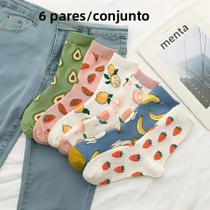 Meias Femininas Engraçadas De Algodão Com Desenhos Animados, 6 Pares, Conjunto De Limão, Melancia,