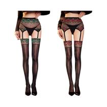 Meias Longas Femininas Sexy De Renda Com Alça Removível Kave Summer Oli Shinny Black 12 Pares