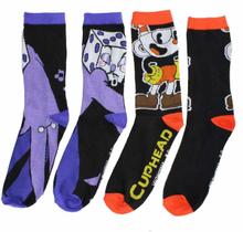 Meias masculinas Cuphead Crew, pacote com 2 unidades, Cuphead e King Dice, vermelhas e azuis