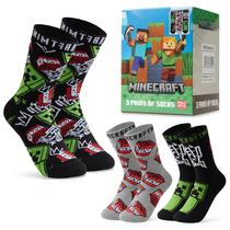 Meias Minecraft para Meninos Cano Médio Pacote com 3 Peças Macias e Respiráveis Meias Minecraft para Meninos Cano Médio Pacote com 3 Peças Macias e Respiráveis