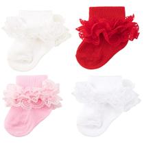 Meias para bebês AQOKKA, ilhós, babados, renda, comprimento do joelho, pacote com 4