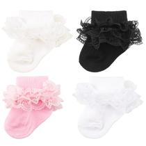 Meias para bebês AQOKKA, ilhós, babados, renda, comprimento do joelho, pacote com 4