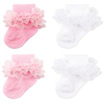 Meias para bebês AQOKKA, ilhós, babados, renda, comprimento do joelho, pacote com 4