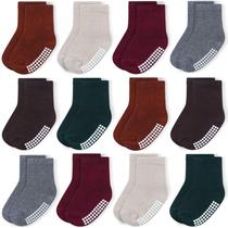Meias para bebês JAKIDAR Cotton Crew Toddler, antiderrapantes, 4-7T, marrons, 12 pares