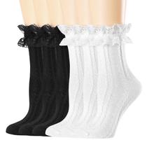 Meias redondas BIVOLU femininas de renda com babados e algodão, pacote com 6 Meias redondas BIVOLU femininas de renda com babados e algodão, pacote com 6
