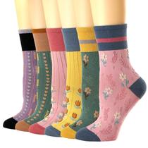 Meias redondas brancas femininas casuais de algodão floral, pacote com 6 Meias redondas brancas femininas casuais de algodão floral, pacote com 6