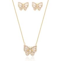 Melhor Presente Feminino Kit Conjunto Colar + Brincos Borboletas Banhado Ouro 18k