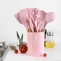 Melhor silicone cozinhar utensílio conjunto de madeira lidar com espátula sopa colher escova concha ROSA