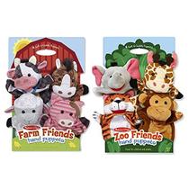 Melissa & Doug Animal Hand Puppets (Conjunto de 2, 4 animais em cada) - Amigos do Zoológico e Amigos da Fazenda