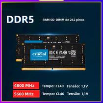 Memória RAM DDR5 SODIMM De 16GB, 32GB, 24GB, 48GB Para Laptop, 4800MHz, 5600MHz, 1.1V Memória RAM DDR5 SODIMM De 16GB, 32GB, 24GB, 48GB Para Laptop, 4800MHz, 5600MHz, 1.1V