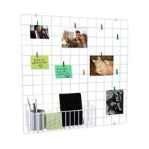 Memory Board Painel Fotos Tela Aramada 60x60 Branco + Cesto N34 Prendedores e Clipes