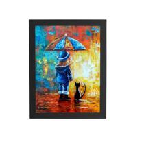 Menina Guarda Chuva Gato Quadro Moldura Preta 60X40Cm