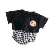 Meninas Meninos Algodão Sorriso Rosto Manga Curta Camiseta Xadrez Shorts Verão Bebê Conjunto De