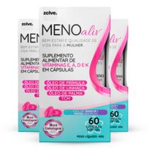 Meno Aliv, 3 Potes, 60 Cápsulas Menopausa, Óleo de Prímula, palma, linhaça, equilíbrio hormonal, ondas de calor, vitamina D E A K
