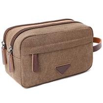 Mens Travel Toiletry Bag Canvas Leather Cosmetic Makeup Organizer Shaving Dopp Kits com Compartimentos Duplos (Café)