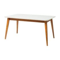 Mesa 6 Lugares Tampo de Vidro 160x90 Cozinha Sala de Jantar Retangular Pés Madeira Florida Off Withe