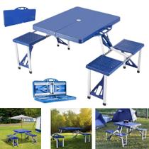 Mesa Acampamento Dobrável de alumínio com 4 banquetas Bancos Para Camping - Azul