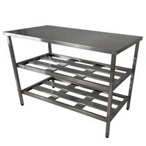 Mesa Aço Inox Industrial 150x60x90cm com 2 Prateleiras Fenestradas Nortinox