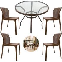 Mesa Alumínio 90cm Tampo de Vidro 4 Cadeiras Laryssa Polipropileno