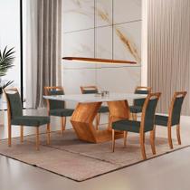 Mesa Ane 180 Tampo Com Vidro Laqueado Com 6 Cadeiras Livia Jade Off White Imbuia Natural