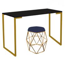 Mesa Aparador Stan Industrial Buffet Balcão com Puff Luna Suede Azul Marinho Dourado Tampo Preto - Ahazzo Móveis