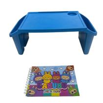 Mesa Apoio Infantil + Livro De Capa Dura 48 Páginas Para Colorir, Criar E Aprender Bandeja Azul Lobubu Rosa