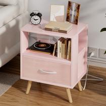 Mesa Auxiliar Aenuert con Puerto USB, Cajón y Estantería Rosa