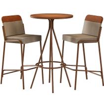 Mesa Bistro 1575 com 2 Banquetas 1753 Redonda em Aço e Tampo Madeirado Carraro Cor Rose Cobre Freijo com Tecido Areia e Caramelo