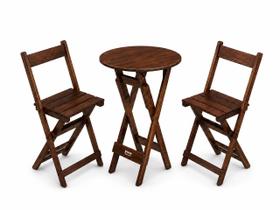 Mesa Bistrô Dobrável de Madeira Redonda com 2 Banquetas Imbuia - i9 Mesa Bistrô Dobrável de Madeira Redonda com 2 Banquetas Imbuia - i9