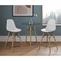 Mesa Bistrô Eames Eiffel Vidro Com 2 Banquetas Brancas De Madeira - Cor: Branco