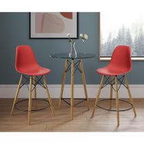 Mesa Bistrô Eames Eiffel Vidro Com 2 Banquetas Vermelhas De Madeira - Cor: Vermelho