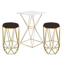 Mesa Bistrô Lucca Industrial e 02 Banquetas Alta Liz Base Ferro Dourado Tampo Branco Suede Marrom - Ahazzo Móveis