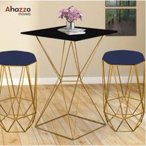 Mesa Bistrô Lucca Industrial e 02 Banquetas Alta Liz Base Ferro Dourado Tampo Preto material sintético Azul Marinho - Ahazzo Móveis