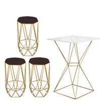 Mesa Bistrô Lucca Industrial e 03 Banquetas Alta Liz Base Ferro Dourado Tampo Branco material sintético Marrom - Ahazzo Móveis