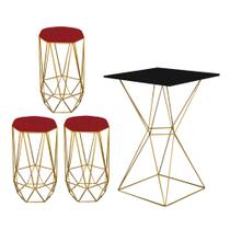 Mesa Bistrô Lucca Industrial e 03 Banquetas Alta Liz Base Ferro Dourado Tampo Preto Suede Vermelho - Ahazzo Móveis