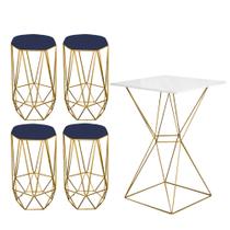 Mesa Bistrô Lucca Industrial e 04 Banquetas Alta Liz Base Ferro Dourado Tampo Branco Suede Azul Marinho - Ahazzo Móveis