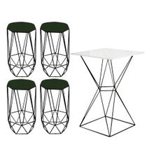 Mesa Bistrô Lucca Industrial e 04 Banquetas Alta Liz Base Ferro Preto Tampo Branco Suede Verde - Ahazzo Móveis