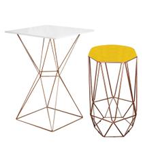 Mesa Bistrô Lucca Industrial e Banqueta Alta Liz Base Ferro Bronze Tampo Branco Suede Amarelo - Ahazzo Móveis