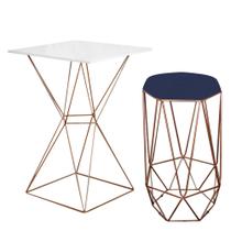 Mesa Bistrô Lucca Industrial e Banqueta Alta Liz Base Ferro Bronze Tampo Branco Suede Azul Marinho - Ahazzo Móveis