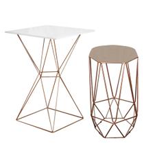 Mesa Bistrô Lucca Industrial e Banqueta Alta Liz Base Ferro Bronze Tampo Branco Suede Bege - Ahazzo Móveis